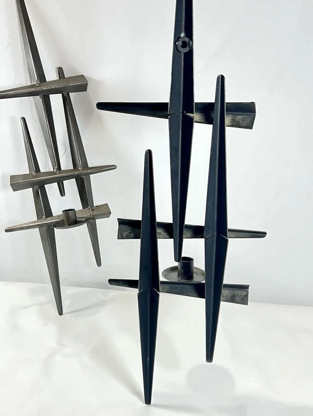 Vintage Brutalist Metal Wall Candle Holders Pair Abstract MCM Sconces 27.5”